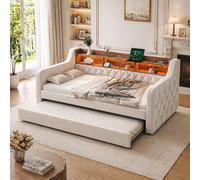 Canapé-lit 90 x 190 cm avec mécanisme de dépliage, espace de rangement, étagère, éclairage LED et port USB-C, 12 lattes en bois, structure en métal et bois, revêtement en velours, couleur beige