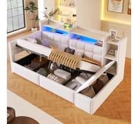 Canapé-lit 90 x 200 cm avec espace de rangement hydraulique, ports USB et Type-C, étagère, banc de rangement, éclairage LED multicolore, revêtement en velours, couleur blanche