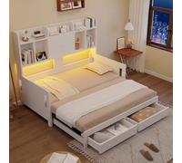 Canapé Lit 90x190 avec compartiments de Rangement,Lit Coffre 90x190 avec Multiprise et Éclairage LED, canapé lit 2 Places Convertible Multifonctionnel, avec armoires et étagères ouvertes,sans Matelas