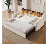 Canapé-lit 90x190 cm avec lit tiroir, revêtement en velours, tête de lit avec rangement et étagère en bois, éclairage LED, ports USB et Type-C, accoudoirs et sommier à lattes, couleur beige