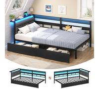 Canapé Lit 90x200 avec Éclairage LED et Multiprise, Cadre de Lit en Métal avec Étagère Ouverte et 2 Tiroirs sous le Sommier 90 x 200, Lit Enfant 90x200 avec Tête de Lit Capitonnée en Lin Gris, Noir
