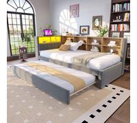 Canapé-lit 90x200 cm avec lit gigogne 90x190 cm, éclairage LED, USB/USB-C, prises électriques et compartiments de rangement, flanelle, gris foncé