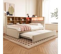 Canapé-lit 90x200 cm avec lit gigogne 90x190 cm, éclairage LED, USB/USB-C, prises électriques et compartiments de rangement, flanelle, beige