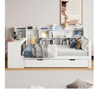 Canapé-Lit 90x200 cm avec Lit Gigogne, Lit Simple avec Bureau et éTagèRe, Lit 1 Personne en Bois Massif, Blanc