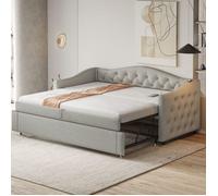 Canapé lit 90x200 cm EVRYAE - avec port USB pratique, forme classique et sommier à lattes, sans matelas - Lin - Gris