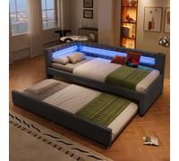 Canapé-lit à LED, 90 x 200 cm, avec bandes LED, télécommande au pied du lit, sans matelas, USB + TYPE-C, lin, gris