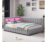 Canapé-lit avec coffre de rangement, dimensions 140x200 cm, revêtement en velours rembourré, éclairage LED intégré et port de charge USB, avec dossier, tête de lit et structure de lit robuste, couleur