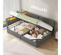 Canapé-lit avec coffre de rangement hydraulique, prises USB et dimensions 140x200, lits 140x200 avec tête de lit LED et sommier à lattes, lit bébé convertible en canapé, lit double, linge de lit, gris