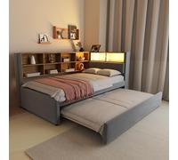 Canapé-lit avec lit escamotable et éclairage LED, 2 en 1 idéal pour les invités, dimensions : 90x200 cm + 90x190 cm, couleur anthracite, ports de charge USB et Type-C, revêtement en flanelle doux, plu