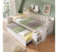 Canapé-lit avec lit gigogne 90 x 200 + 90 x 190 cm, lit de jour avec | Lit double avec espace de rangement caché et chariot à roulettes, lit de jour extensible avec dossier Sherpa, blanc