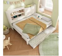 Canapé-Lit Blanc 140x190 cm avec Lit Gigogne 90x190 cm - Tête de Lit Rangement, Étagère Ouverte, Compartiment Caché et Charge USB