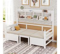 Canapé lit bois 200x90, 2-en-1 lit et bureau, modulable, étagères, blanc