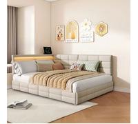 Canapé lit coffre 140x200cm avec 2 tiroirs, Lit banquette avec sommier LED et USB, Lit 2 Personnes pour enfant et adulte, Lin, Beige