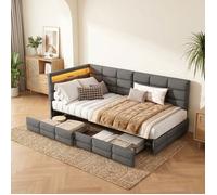 Canapé lit coffre 90x200 cm avec 2 tiroirs, Lit banquette avec sommier LED et USB, Lit 1 Personne pour enfant et adulte, Lin, Gris