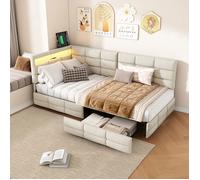 Canapé lit coffre 90x200 cm avec 2 tiroirs, Lit banquette avec sommier LED et USB, Lit 1 Personne pour enfant et adulte, Lin, Beige