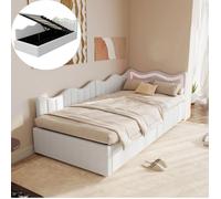 Canapé lit coffre 90x200 cm avec éclairage LED Lit simple avec tête de lit ondulée et sommier à lattes Velours teddy Blanc