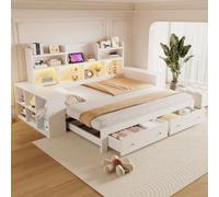 Canapé lit Convertible 90/180 x 200 cm avec 2 Tiroirs,Canapé-lit gigogne avec espace de rangement dans le dossier et les accoudoirs,Étagères ouvertes,prise électrique et éclairage LED,sans Matelas