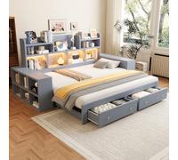 Canapé lit Convertible 90/180 x 200 cm avec 2 Tiroirs,Canapé-lit gigogne avec espace de rangement dans le dossier et les accoudoirs,Étagères ouvertes,prise électrique et éclairage LED,sans Matelas