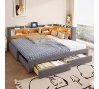 Canapé lit Convertible 90/180 x 200 cm avec 2 Tiroirs, lit banquette 2 places,Canapé-lit gigogne en bois massif avec éclairage LED et prise électrique, sommier à Lattes, Extensible, sans Matelas