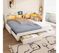 Canapé lit Convertible 90/180 x 200 cm avec 2 Tiroirs, lit banquette 2 places,Canapé-lit gigogne en bois massif avec éclairage LED et prise électrique, sommier à Lattes, Extensible, sans Matelas