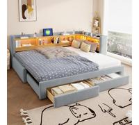 Canapé lit Convertible 90/180 x 200 cm avec 2 Tiroirs, lit banquette 2 places,Canapé-lit gigogne en bois massif avec éclairage LED et prise électrique, sommier à Lattes, Extensible, sans Matelas