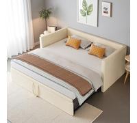 Canapé Lit Convertible 90/180 x 200 cm, Sommier à Lattes Extensible 2 Places, Lits Gigogne Multifonctionnel Rembourré pour Adolescent et Adulte, sans Matelas (Beige)