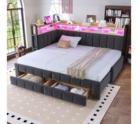 Canapé Lit Convertible 90/180x200cm avec éclairage LED et multiprise, canapé lit 2 Places Convertible Multifonctionnel avec 2 tiroirs, sommier à Lattes, Extensible, Tissu Velours, sans Matelas