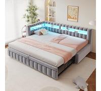 Canapé Lit Convertible 90x200cm avec Lit Gigogne, Banquette Lit avec Multiprise et Éclairage LED, canapé lit 2 Places Convertible Multifonctionnel, sommier à Lattes, Tissu Velours, sans Matelas