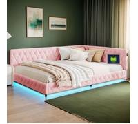 Canapé-lit d'angle velours Teddy 140x200 rembourré LED & USB tête rembourrée cadre métal & bois ( Rose)