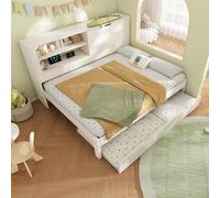 Canapé-lit double de 140x190 cm avec lit tiroir de 90x190, structure de lit blanche avec espace de rangement à l'arrière, compartiment de rangement rabattable dissimulé, station de charge USB/USB-C