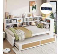 Canapé-lit en bois 90 x 200 cm avec lit gigogne, lit simple multifonctionnel pour enfant avec nombreux espaces de rangement et prise de recharge, blanc