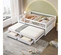 Canapé-lit en bois massif 140 x 200 cm, barrière de sécurité entièrement fermée, lit coulissant avec 2 tiroirs en dessous et sommier à lattes, pour enfants, adolescents et adultes, blanc