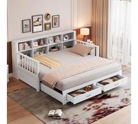 Canapé-lit en bois massif, convertible en lit 90/180x190 cm, lit bébé convertible en canapé, avec 2 tiroirs, prise de recharge et espace de rangement, lit en bois convertible en canapé pour adolescent