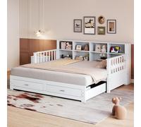 Canapé-lit en bois massif Sweiko 90/180x190 cm, Armoire de rangement avec prise de charge dans le dossier latéral, Avec 2 tiroirs et sommier à lattes, Lit multifonction en pin , Blanc