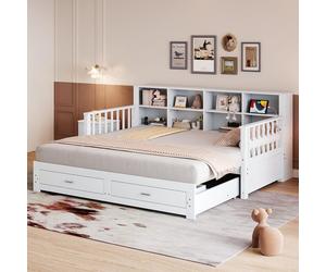Canapé-lit en bois massif Sweiko 90/180x190 cm, Armoire de rangement avec prise de charge dans le dossier latéral, Avec 2 tiroirs et sommier à lattes, Lit multifonction en pin , Blanc