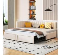 Canapé-lit en forme de L, convertible en lit double (90/180x200 cm), de couleur beige. Livré avec un sommier à lattes composé de 24 lattes. Convient comme lit pour enfant, adolescent ou pour les invit