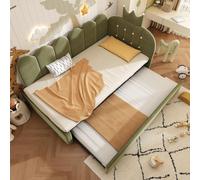 Canapé-lit en velours de 90x200 cm avec un couchage d'appoint, transformable en un lit simple de 90x190 cm, de forme en L, de couleur verte. Design attrayant avec un motif de couronnes, gain de place