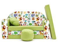 Canapé Lit Enfant Convertible 98x168x59 cm Z5 Vert Animaux avec Pouf | Idée cadeau pour Noël ou un anniversaire - jusqu’à 6 ans, matelas supplémentaire inclus, housse amovible lavable à 30 °C