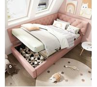 Canapé-lit enfant - LANGTU - 90x190 capitonné - Velours rose - Rangement hydraulique - Sommier à lattes