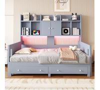 Canapé-lit escamotable 90x190 cm extensible à 180x190 cm - Rangements et prise LED - Gris
