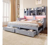 Canapé-lit escamotable en bois, dimensions 90/180x190 cm, avec 2 tiroirs, des compartiments de rangement, des étagères ouvertes, une prise électrique et un éclairage LED. Lit d'appoint, couleur gris