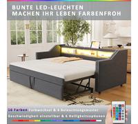 Canapé-lit extensible 90/180x190 cm, rangement, LED et USB, sommier, gris foncé.