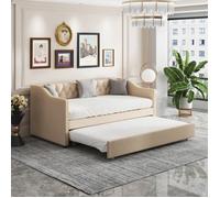 Canapé lit extensible 90x200 cm lit 2 Places gigogne Sommier à Lattes Canapé-lit Adulte/ado Cadre de Lit convertible Lin Beige