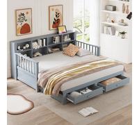 Canapé lit extensible bois 90/180x190, rangement avec prise, 2 tiroirs, gris