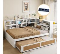 Canapé-lit Fortuna Lai en bois 140*200 avec lit gigogne Lit simple multifonctionnel Lit d'enfant avec nombreux compartiments de rangement et port de recharge Blanc