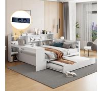 Canapé-lit Fortuna Lai en bois massif, 140*200 cm, avec bureau, étagères, compartiments de rangement et étagères, avec prises électriques, lit gigogne sous le lit, lit double multifonctionnel en bois,