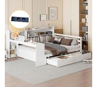 Canapé-lit Fortuna Lai en bois massif, 140*200 cm, avec bureau, étagères, compartiments de rangement et étagères, avec prise électrique, avec 2 grands compartiments de rangement, lit double multifonct