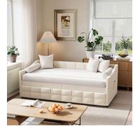 Canapé-lit gigogne 90/180x200 cm extensible beige en velours lit d'appoint avec dossier accoudoirs et sommier à lattes