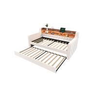Canapé-lit gigogne 90 x 190 cm WUVWAY avec étagère, LED et USB-C, velours beige, structure métal et bois