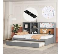 Canapé-lit gigogne 90 x 200 cm, port de chargement USB, planche à dessin, rangements multiples, gris
